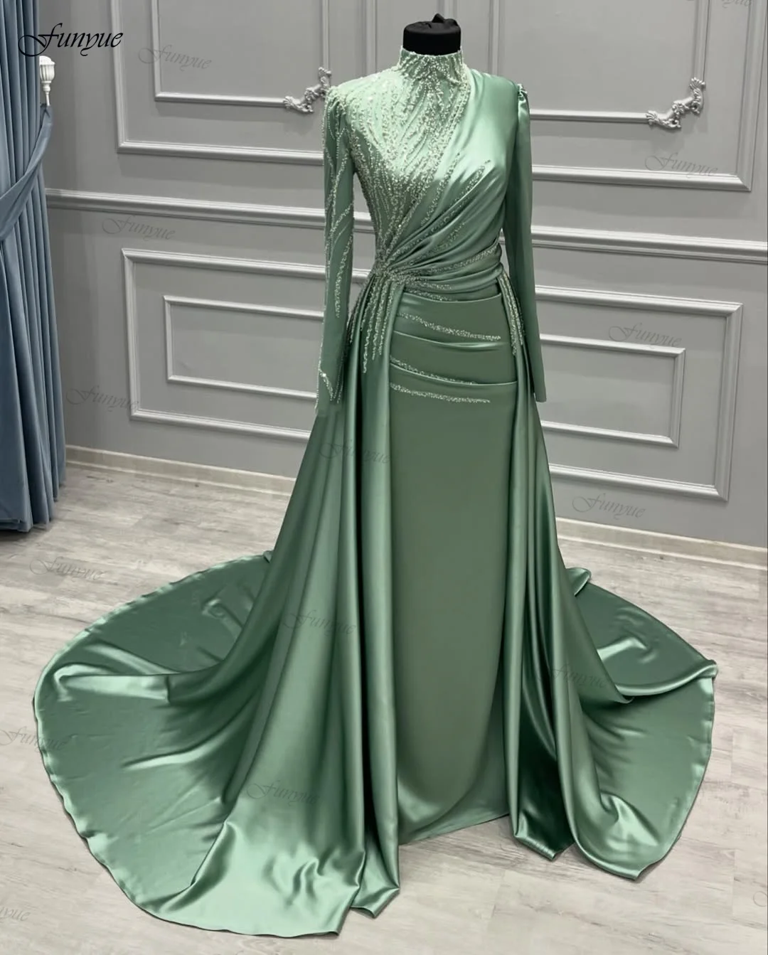 

Customized Muslim Evening Dress Luxury Elegant Robes De Soirée Mermaid Long Sleeves Formal Prom Gown Satin Beaded Abendkleider