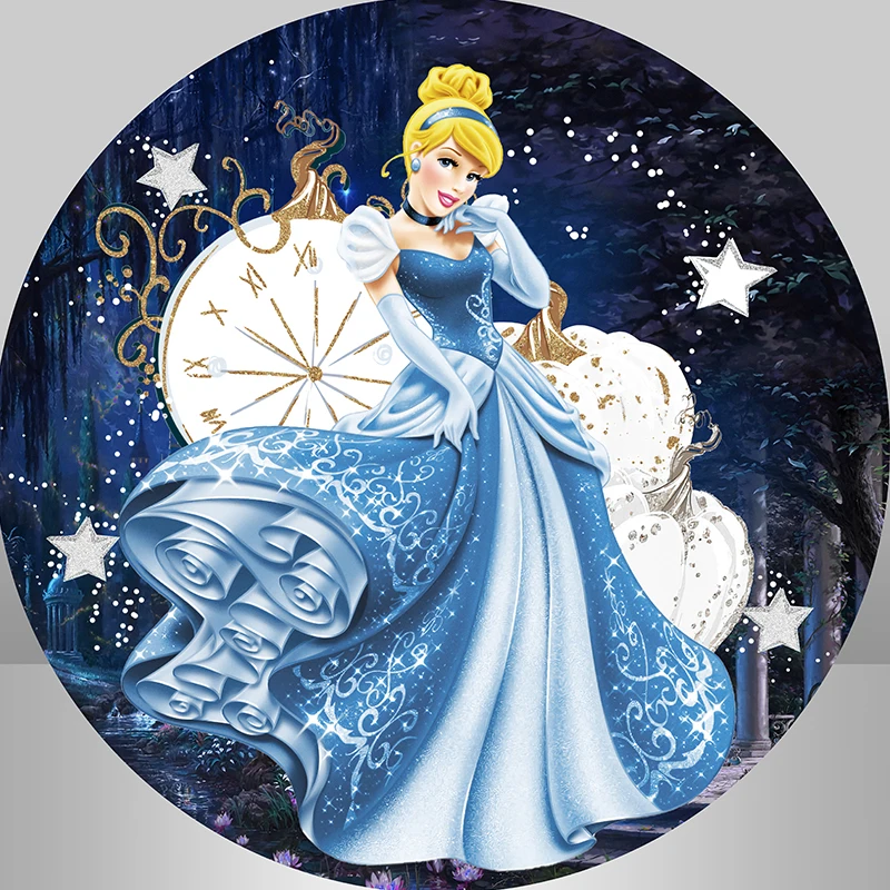 Princess Cinderella Girl Birthday Round Circle Backdrops Cover Blue theme Castle Photo Background Party Decoration Supplies