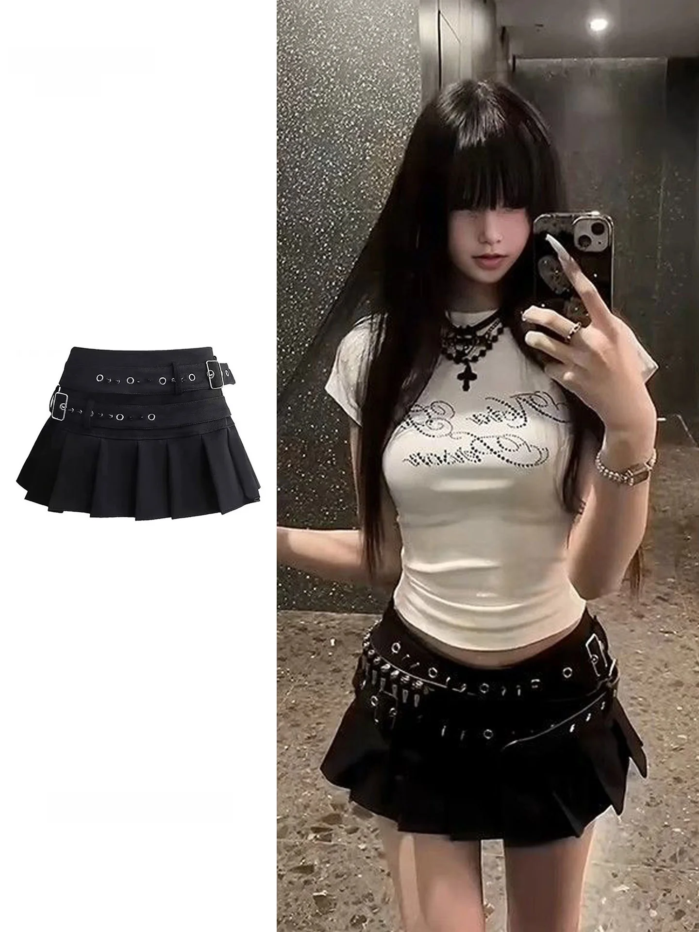 Falda Y2K Millennium Punk Sle ort para mujer de talla grande, falda plisada de cintura baja con remaches Bla para trabajo pesado