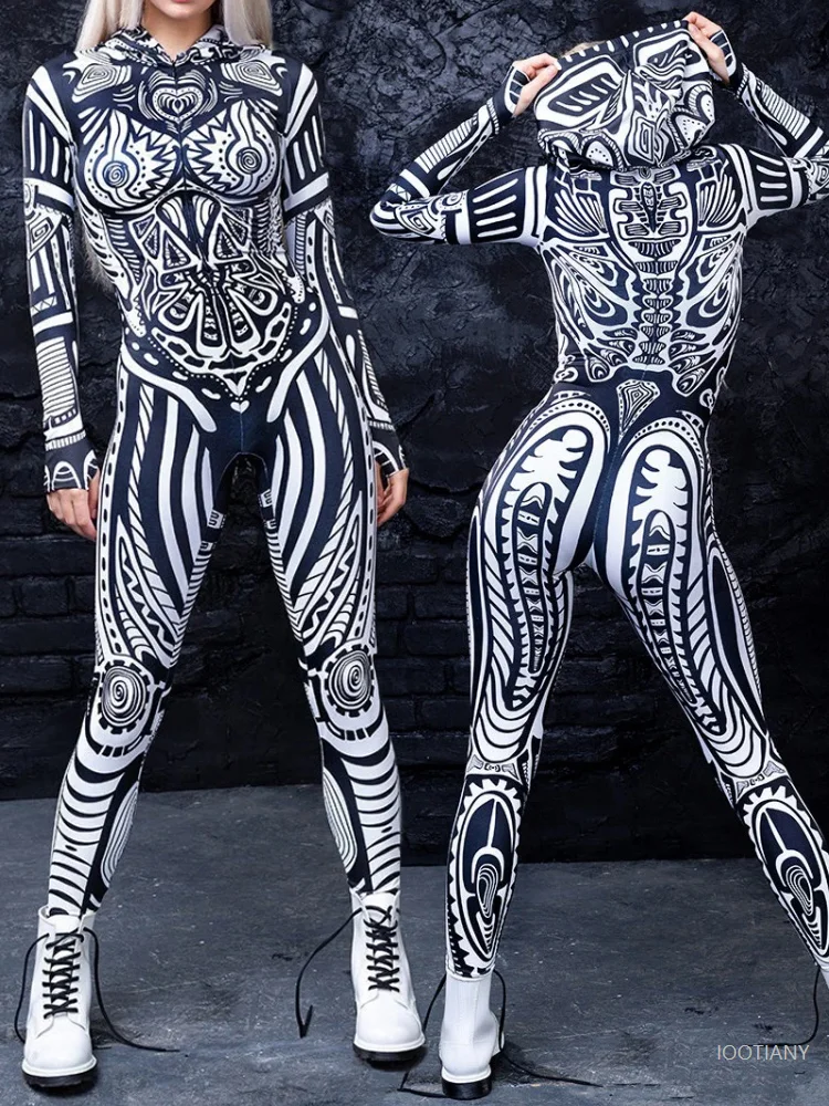 

Halloween Role Play Big Evil God Black And White Tights Women's Costume Carnival Wizard Jumpsuit Dress Up Adult Vortex Tights