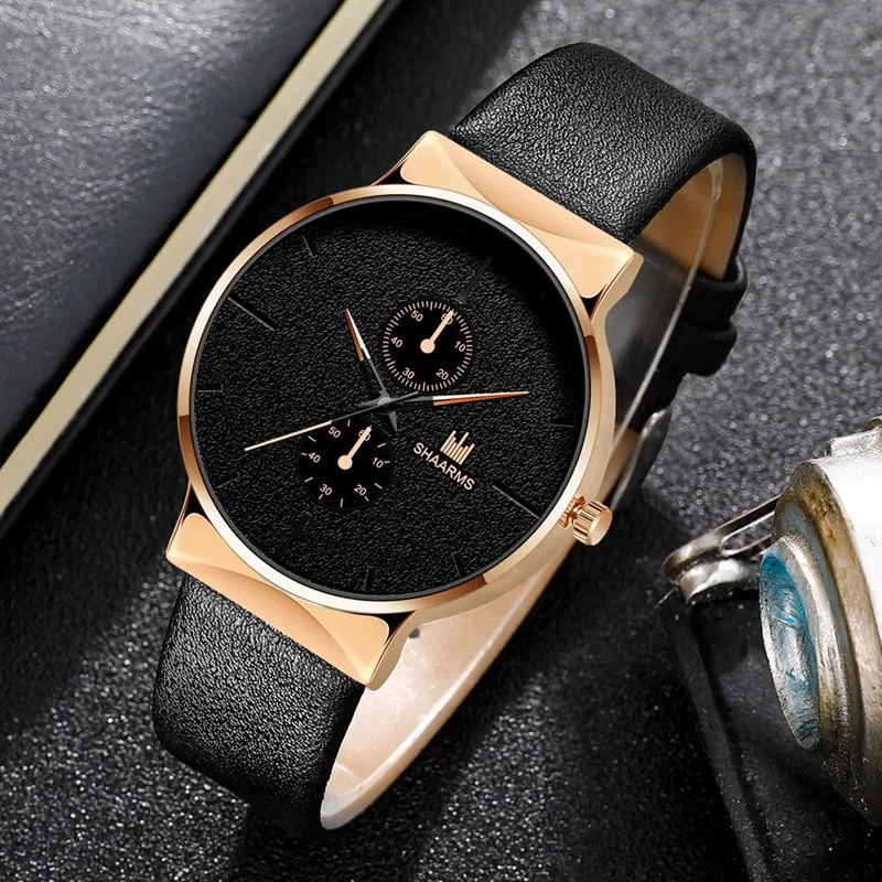 Fashion Luxury Mens Watches Dial Man Business Sports Watches Simple Black Leather Electronic Male Wrist Timepiece Casual Gifts