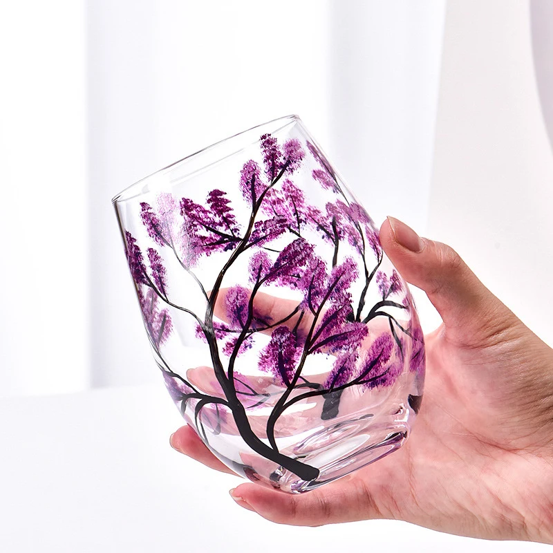 1PC Four Seasons Trees Wine Glasses Goblet Creative Printed Round Glass Cup For Wine Beer Cocktail Large Capacity Glass Cup Gift