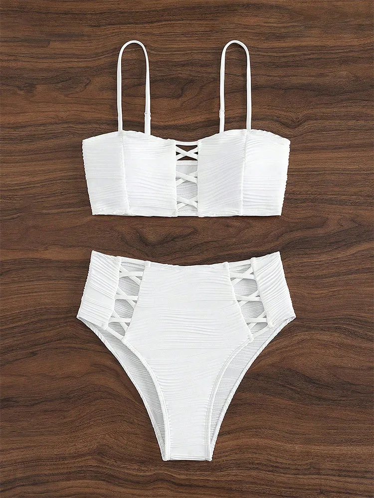 Cikini-Open Back Split Swimsuit for Women, Sexy Swimwear, Monochrome Bathing Suit, Beach Bikinis Set, Bra, Summer