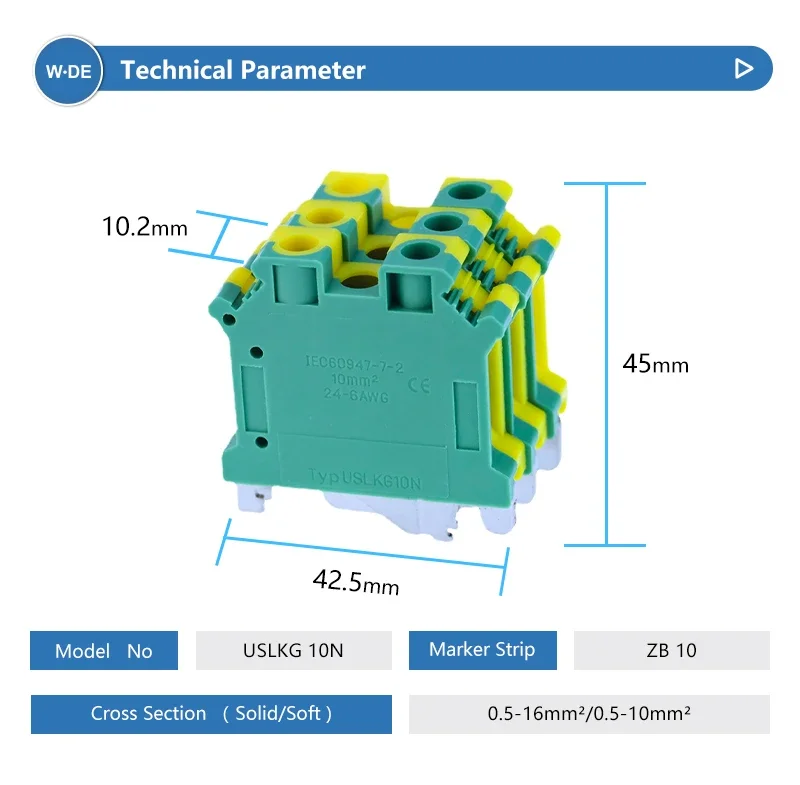 PE Din Rail Terminal Block 10Pcs USLKG-10N Screw Terminal Blocks Ground Universal Class Connector USLKG10N Wire Conductor