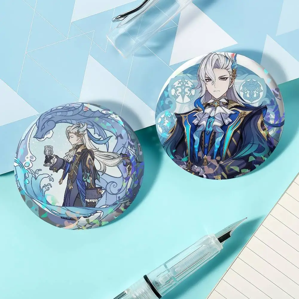 Game Genshin Impact Neuvillette Laser Badge Round Exquisite Brooches Creative Pins for Clothes Hat Accessories