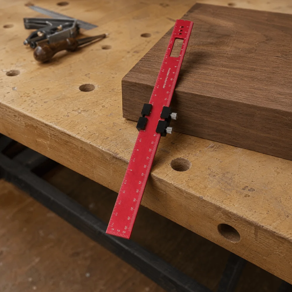 Anti-Slip Woodworking Scriber Gauge Slide Stop Inch and Metric Aluminum Alloy Ruler Red Measuring Marking Ruler For Carpenter