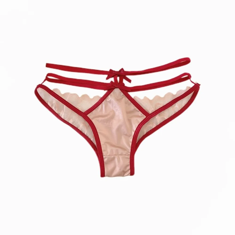 Light Luxury Hollowed-out Women's Underwear Mid Waist Lingerie Lace Bow Panties Satin Silk Thin Strap Mesh Briefs Honeymoon