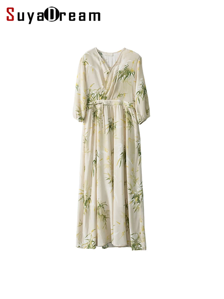 

SuyaDream, Women Long Dresses, 100%Real Silk, V Neck, Printed Chic Dress, 2024 Spring Summer Elegant Clothes
