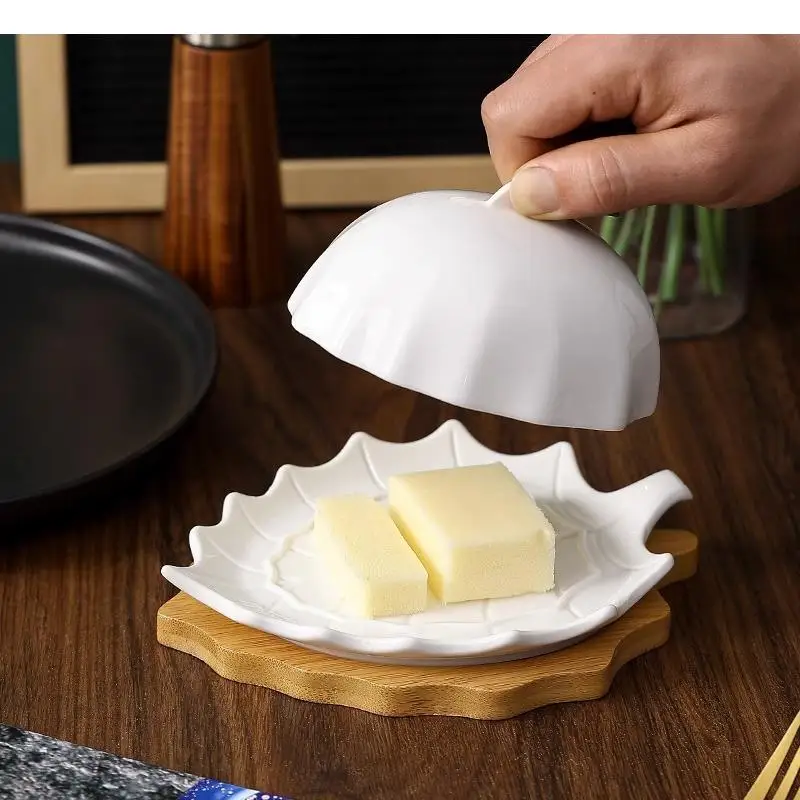 Ceramic Butter Plate with Lid Leaf Shaped Box Cheese Dim Sum Plates Household Solid Color Tableware