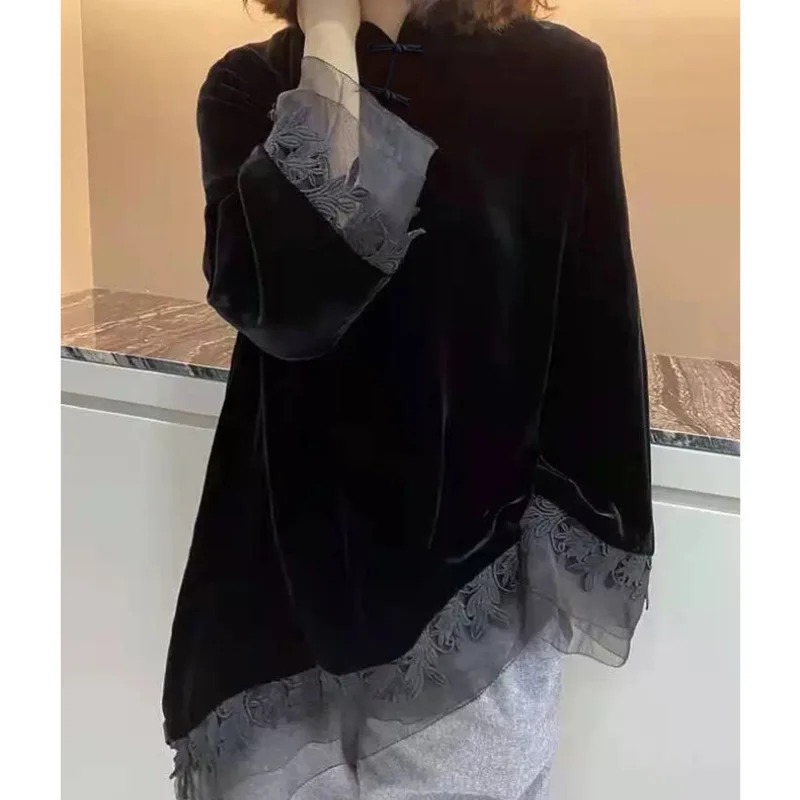 2023 New Spring and Autumn Chinoiserie Style Stand Collar Button Slant Placket Lace Jacquard Long Sleeve Velvet Cheongsam Top