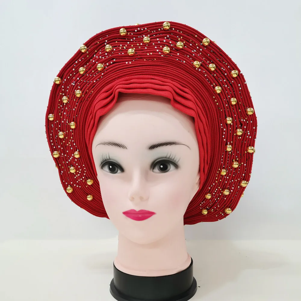 W nowym stylu afryki Aso Oke Headtie Auto Asoebi Gele nakrycia głowy z żelaza kamienne koraliki najlepsza jakość Turban Headwraps 1 sztuk/paczka