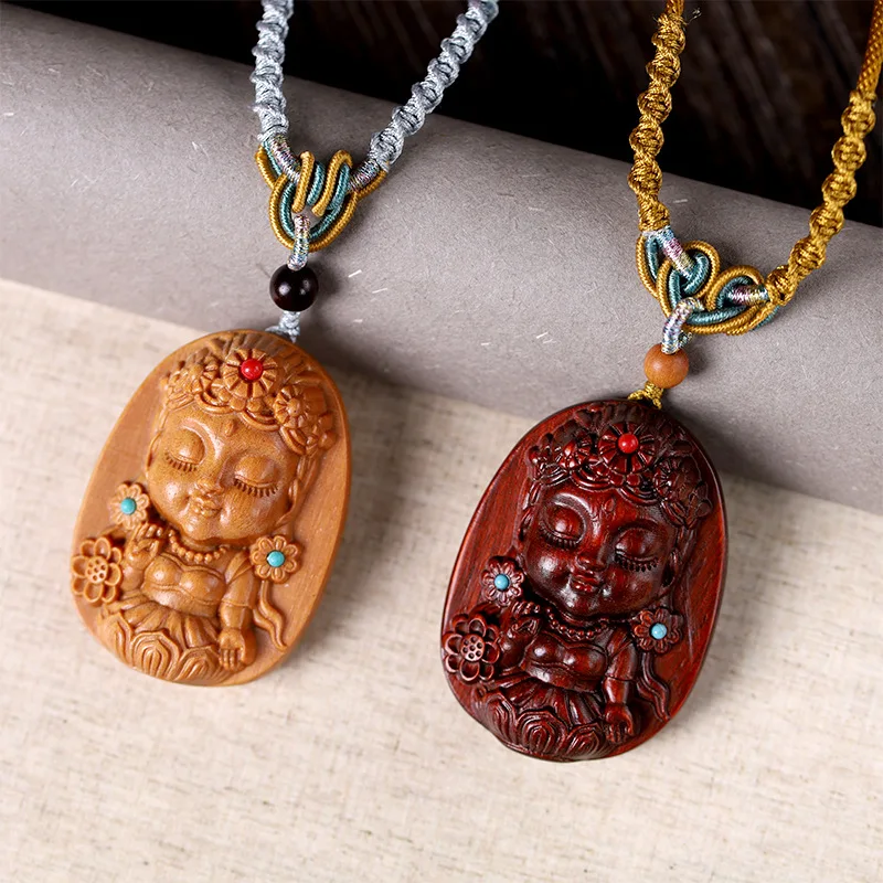 

Natural Red Sandalwood Tara Pendant Necklace with Solid Wood Carving Craft Buddhist Handwoven Adjustable Drawstring Jewelry