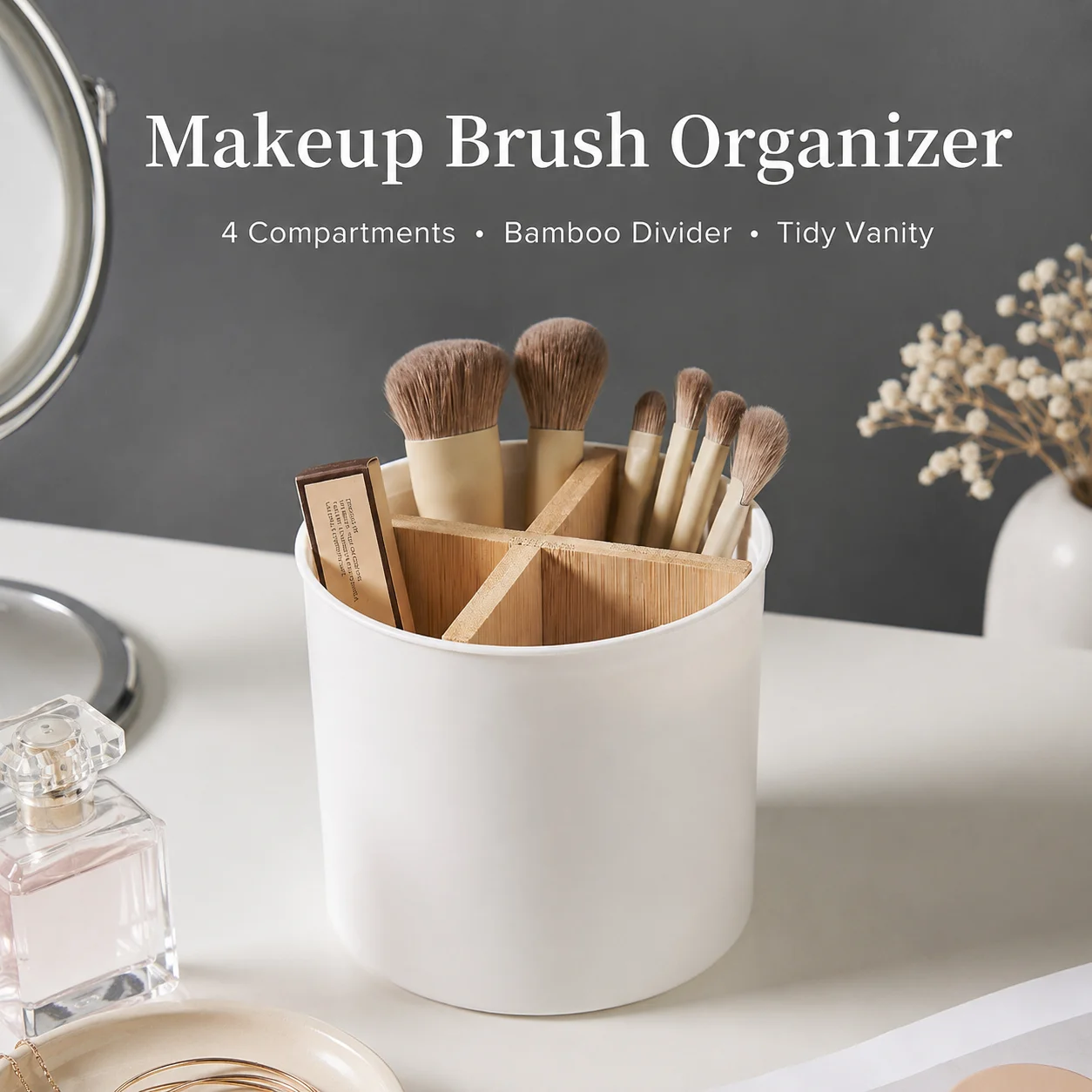 

QA Makeup Brush Organizer Cup, Bamboo Divider Cosmetic Storage Holder 4 Compartments Vanity Desktop Makeup Storage for Brushes