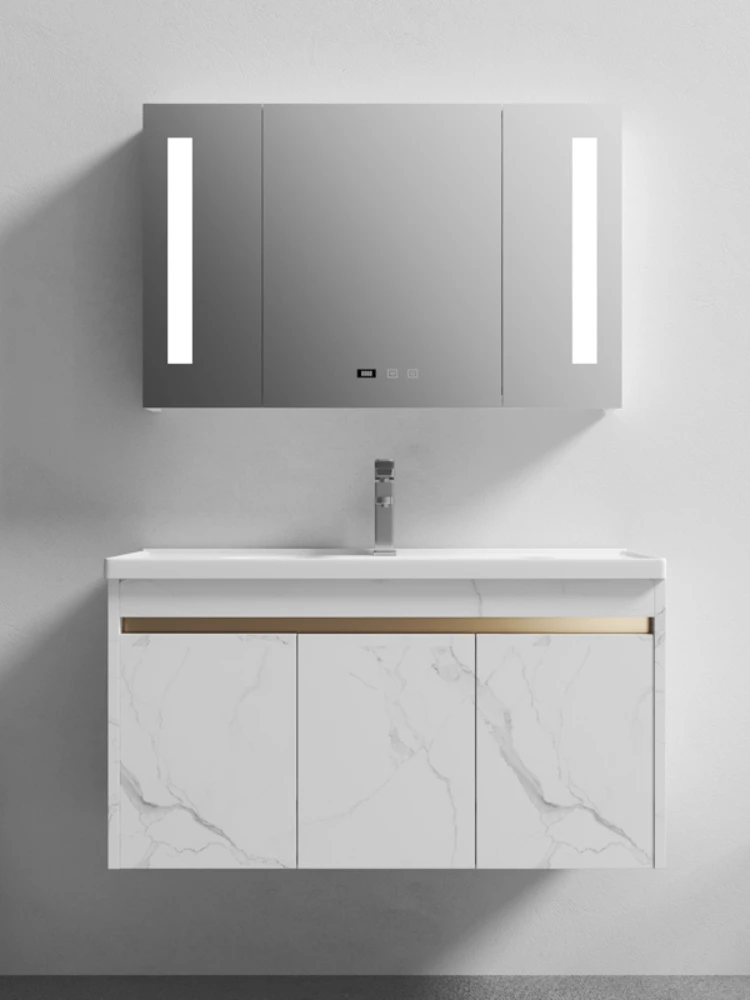 Marble Wood Grain Bathroom Cabinet Ceramic Whole Washbin Mirror Cabinet Combination Small Apartment Bathroom Wash Basin