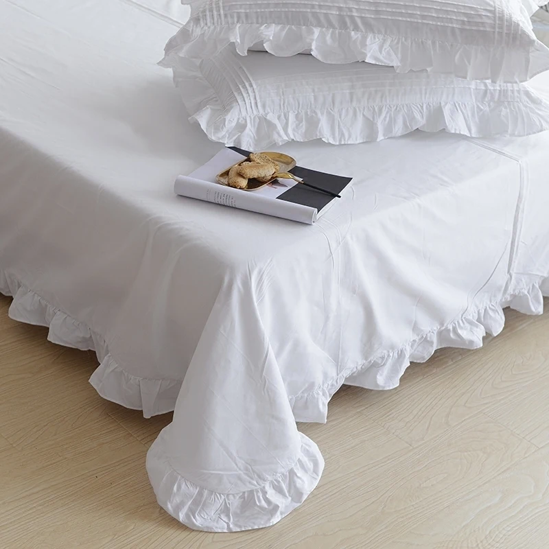 Korean Princess Solid White Flat Sheet 100% Cotton Bedding Sheets Ruffle Lotus Leaf Flat Bed Sheet For Adults No Pillowcases