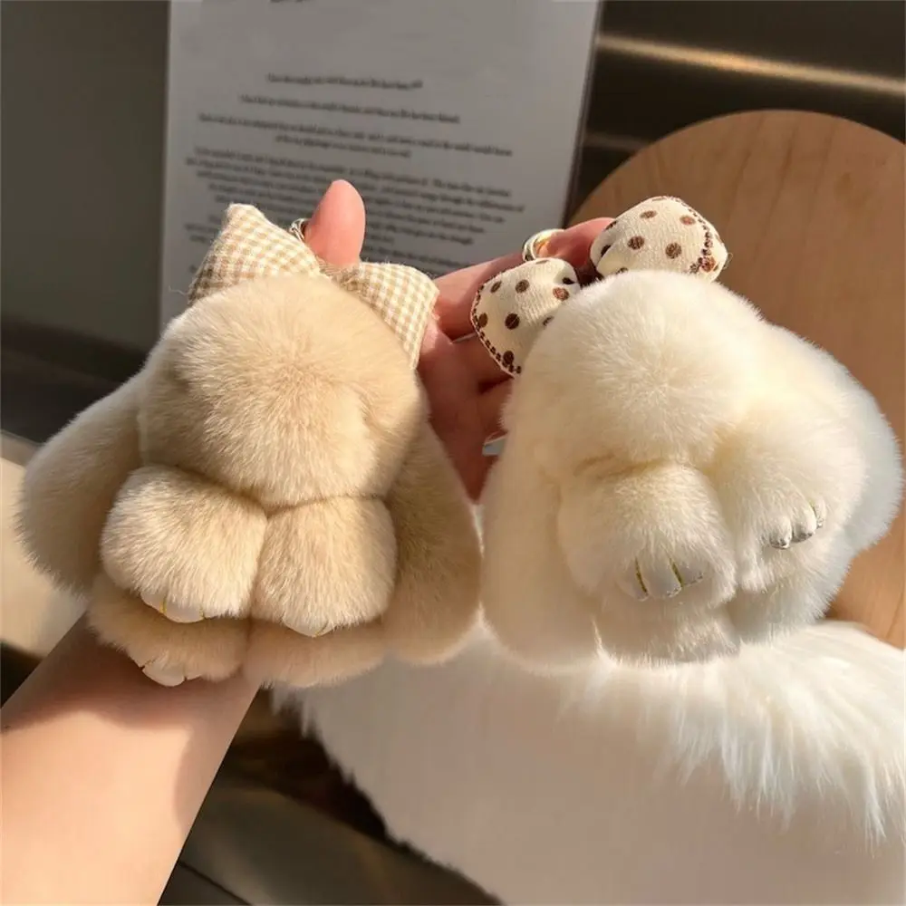 

Cute Fluffy Plush Rabbit Fur Keychain with Hair Bow Alloy Ring Bag Charm - Soft Bunny Keyring Jewelry Gift