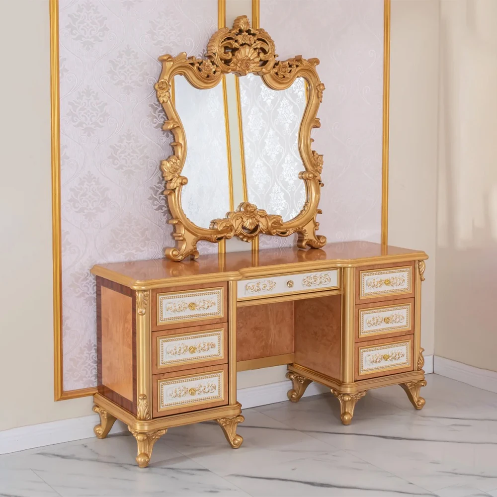 ！@French Style Bedroom Furniture Sets Dressing Table With Mirror Hand Carvings Solid Wood Luxury Makeup Vanities