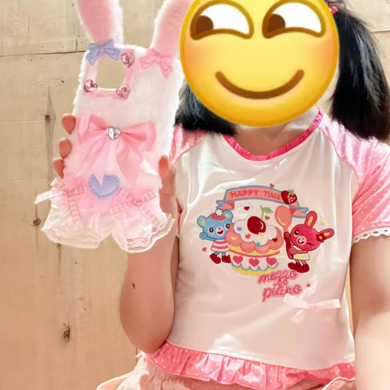 여성용 스위트 크롭탑 그런지 만화 프린트 로리타 티셔츠, Y2k 미적 러플, 하라주쿠 대비 컬러 티, 빈티지 요정, 일본