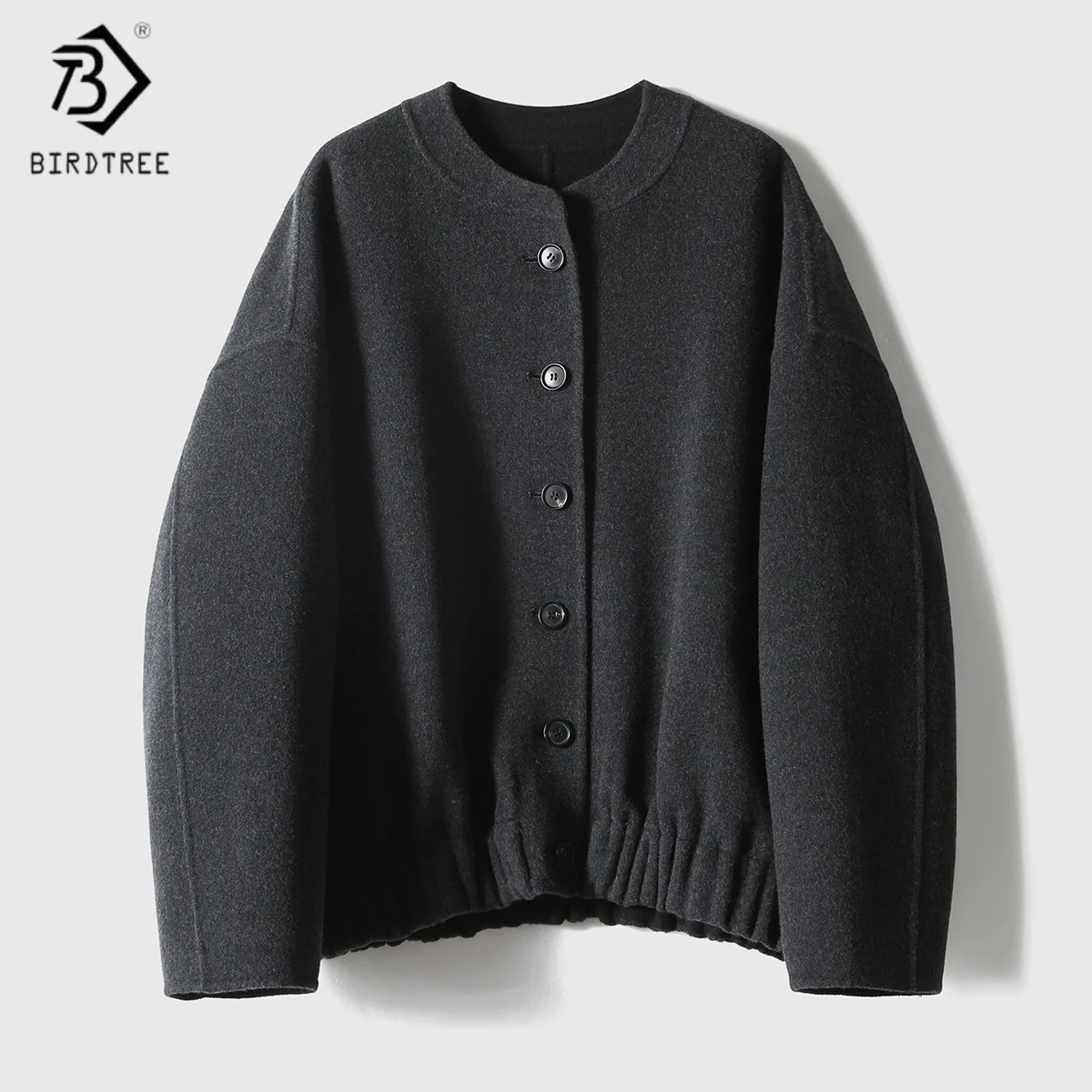 

Birdtree,100% Sheep Wool Short Coat,Woman O-neck Full Sleeve Cadigan,Single-breasted,2025 Autumn Winter Grey Coats T5N804JF