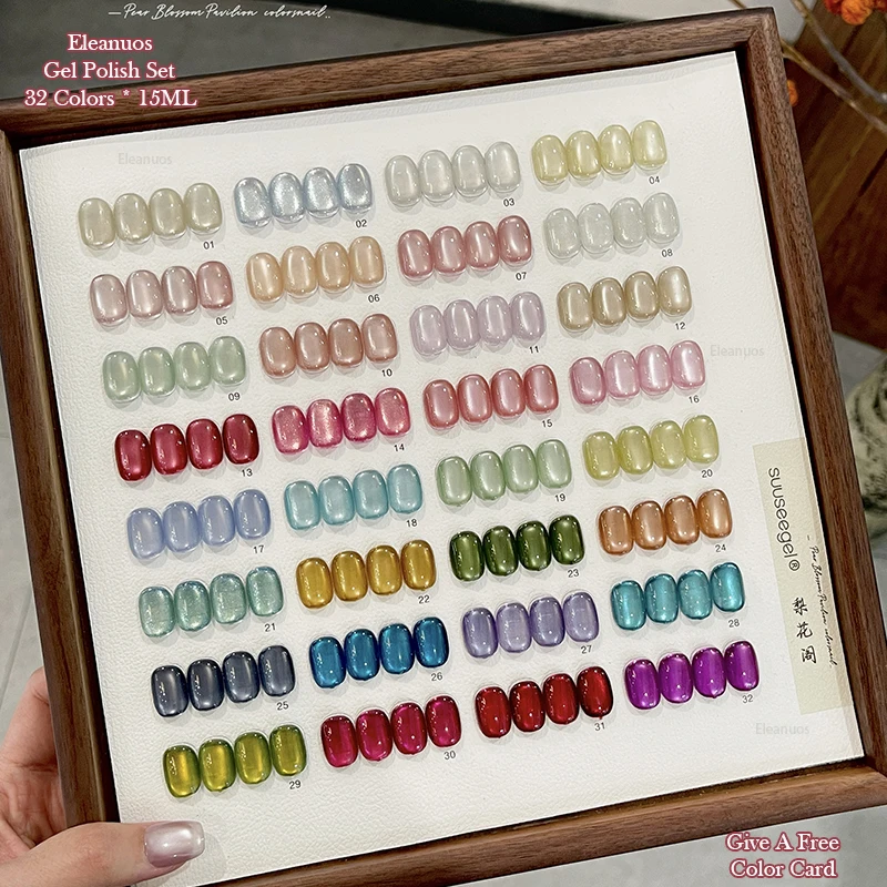 

Eleanuos Cat Eye gel Polished 32PCS Mixed Semi permanent Color UV LED White Light Bulb Cat Eye Primer Enamel Nail Glue Versatile