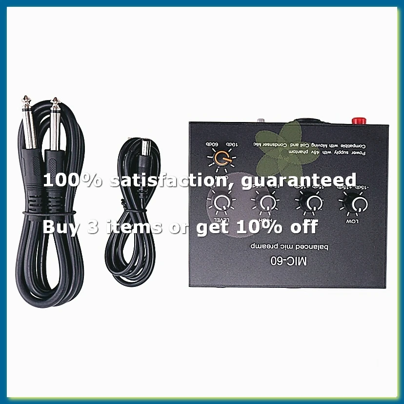 MIC-60 3-Band Equalizer Balanced Mic Preamp Microphone Preamplifier with DC Cable and 6.5mm Cable-DT30