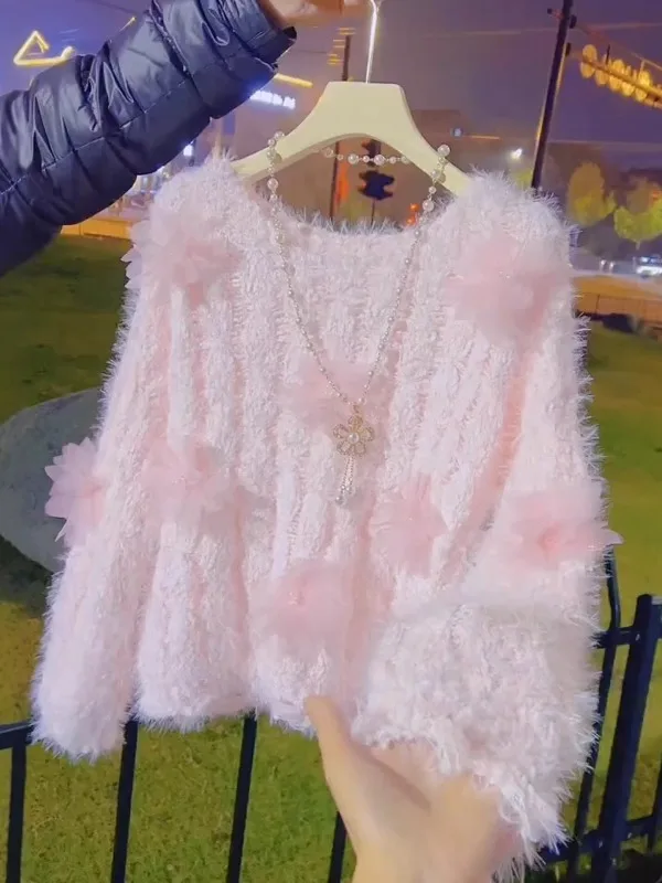 

Шикарный осенне-зимний женский свитер Base irt 3D Flower Soft Faux Mink Knitted Sweet Pink Cozy Commute Sle Long Sve roun...