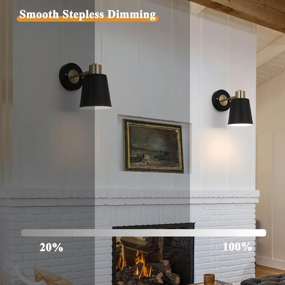 Set of 2 Battery-Powered Black & Gold Modern Wall Sconces with Remote, Dimmable LED Lighting for Indoor Rooms, Bulb Included