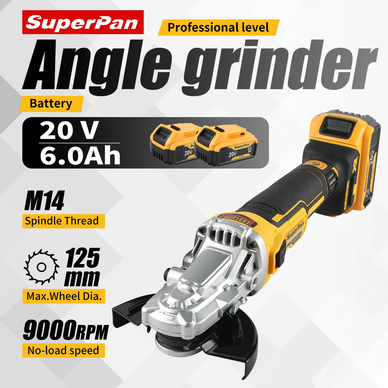 

SUPERPAN New 20V Cordless Angle Grinder 125mm 9000rpm 680W 6.0Ah Battery for Metal/Wood Cutting&Polishing in Construction&Worksh