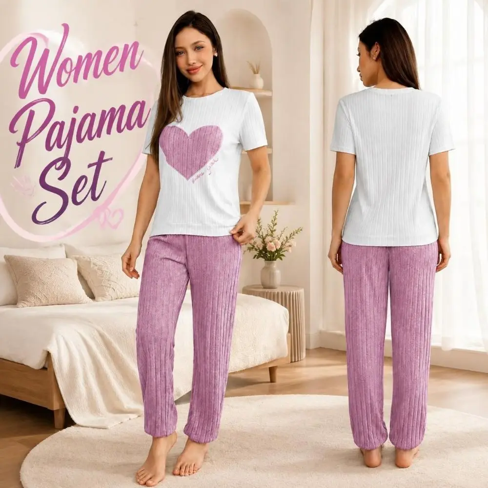 Round Neck Women Pajama Set Short Sleeve Soft Fabric Two-Piece Sleepwear Loose Fit Stretchy Heart Print Loungewear Night Wear