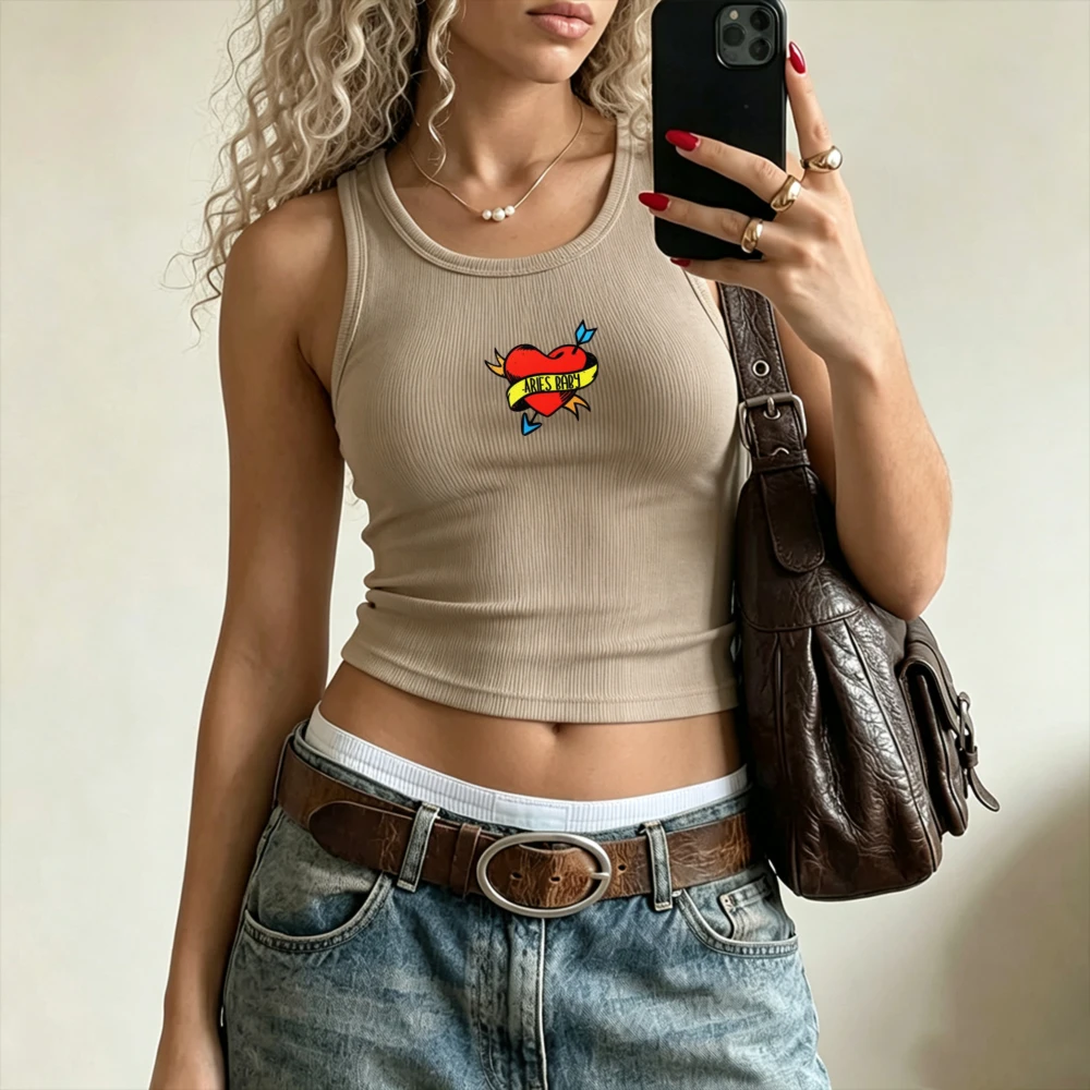Arrow Pierced Heart Vintage Tattoo Style Graphic Camisole Ribbed Tank Top Crop Y2k Top Women Slim U Neck Sleeveless Cropped Tees