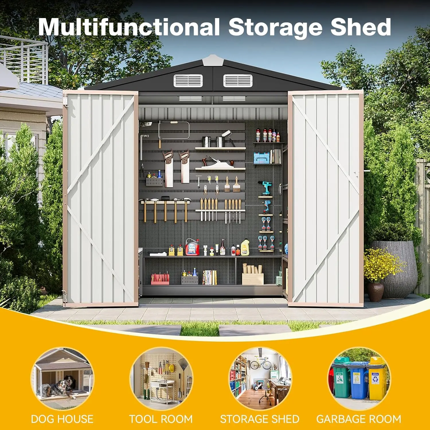6x4 FT Outdoor Storage Shed with Lockable Double Doors & Loping Roof, Outdoor Metal Shed for Bike, Customized