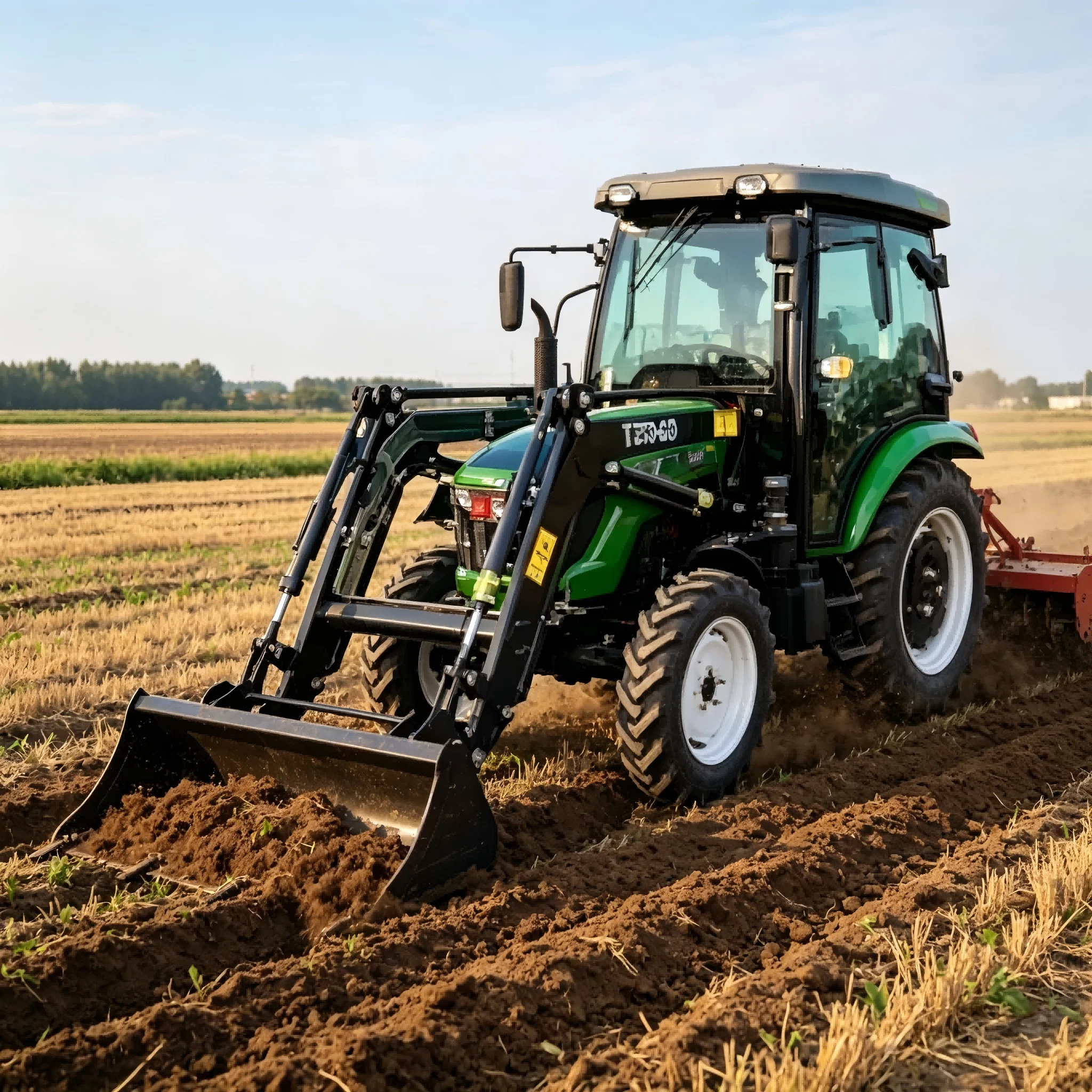 Affordable, high-capacity, compact 4x4 tractor with front loader and backhoe, ready for immediate delivery
