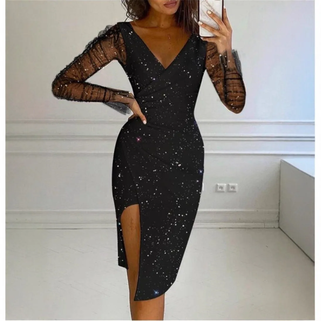 Moderne Sle dames V-Ne Bodycon Dr Sparkling Rhinestone Me avondjurk midden taille polyester stof lang Sve