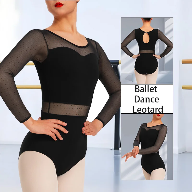 Body da danza classica con motivo a pois in rete da 1 pezzo per canotte da ginnastica per adulti e ragazze con fodera morbida a maniche lunghe Dancewear