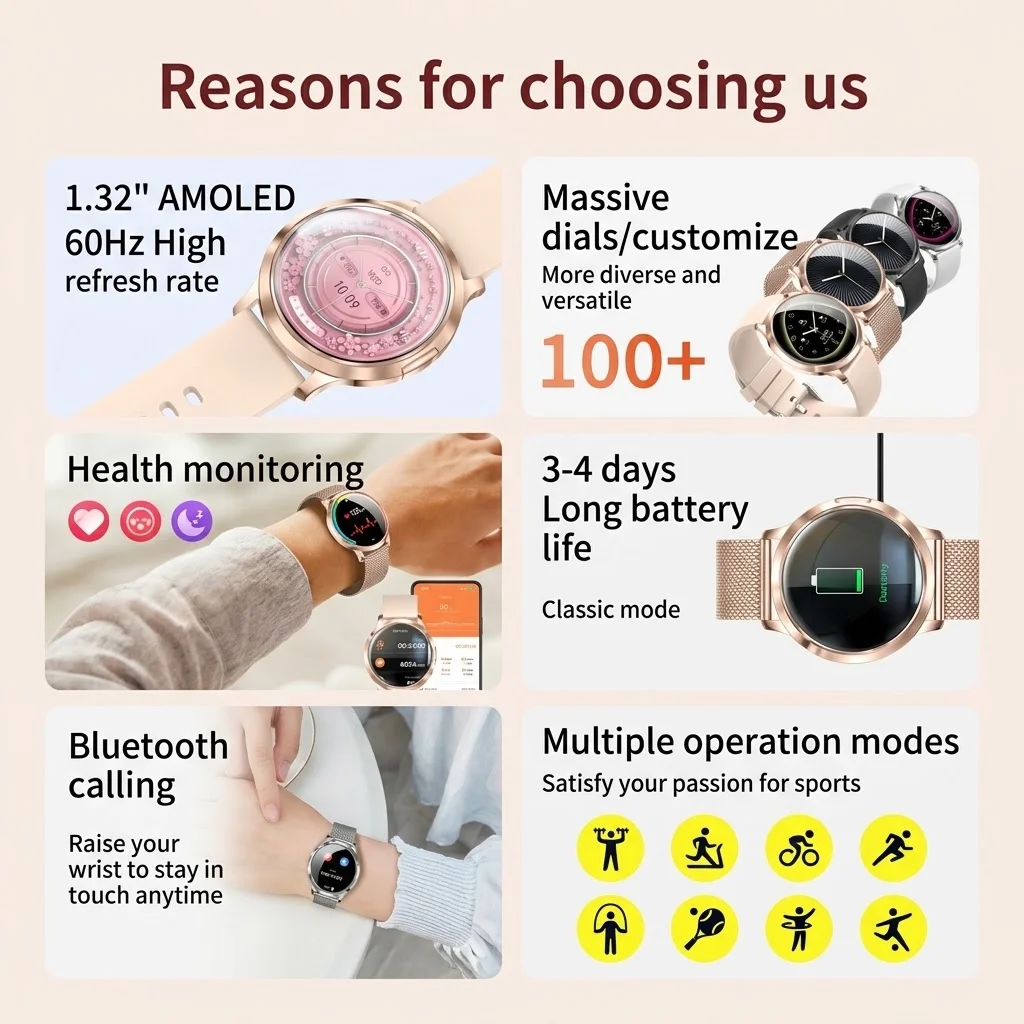 2026 AMOLED Smart Watch Women 1.32 Inch Bluetooth Calling Heart Rate Sleep Health Monitor Ultra-Light Smartwatch For Android iOS