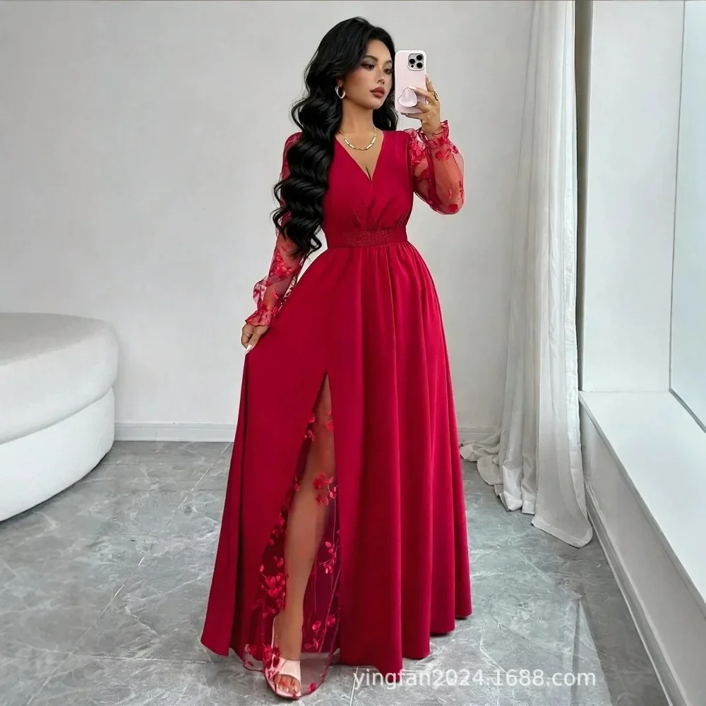 Women Solid Lace Splicing V Neck Long Sleeve Dress Fashion Elegant Casual Soft Breathable Flattering Comfy Versatile New