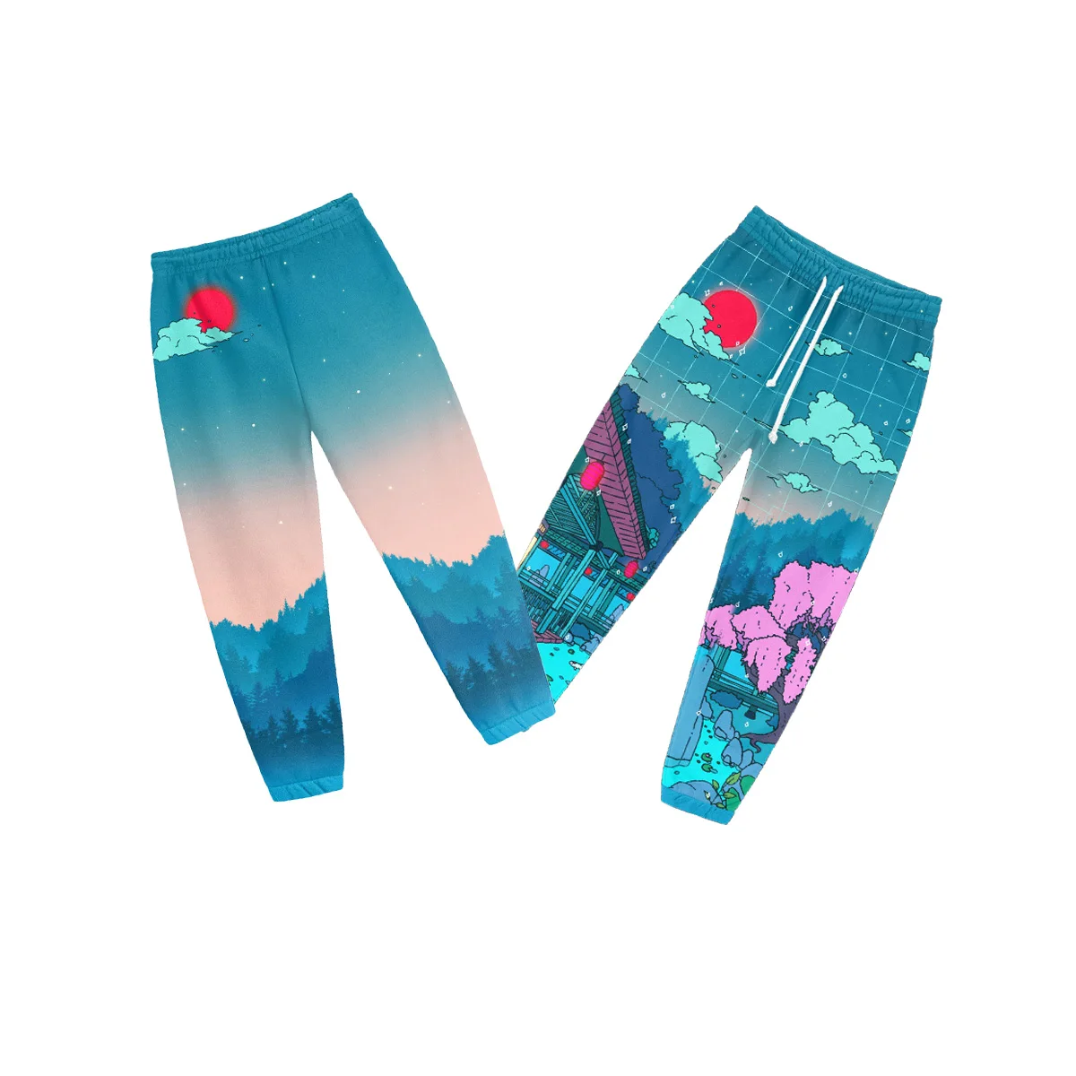 Unisex Joggers Featuring A Japanese Garden Print (cherry Blossoms, Koi Pond, Red Sun) and A Vaporwave-style Drawstring Design.