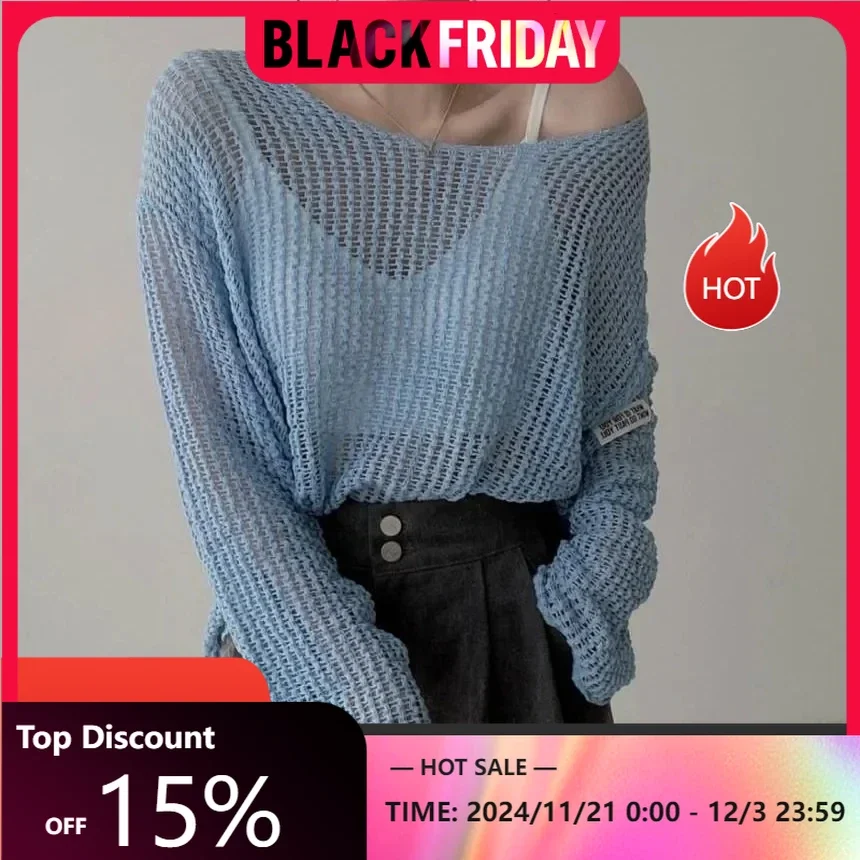 Long Sleeve T-shirt Women Summer Thin Section Hollow Ice Silk Knit Sunscreen Coverall Korean Loose Tops