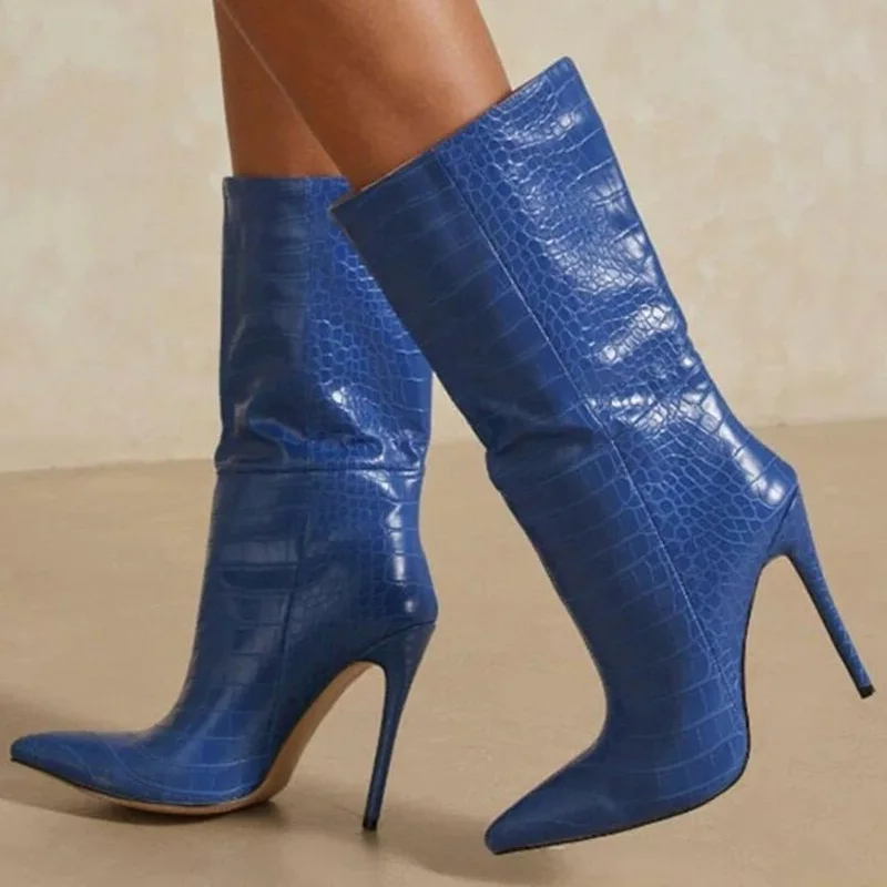 

Stylish Snake Printed Leather Mid Calf Boots Pointed Toe Stiletto Heel Short Bootie Slip-on Python Ridding Boots Women