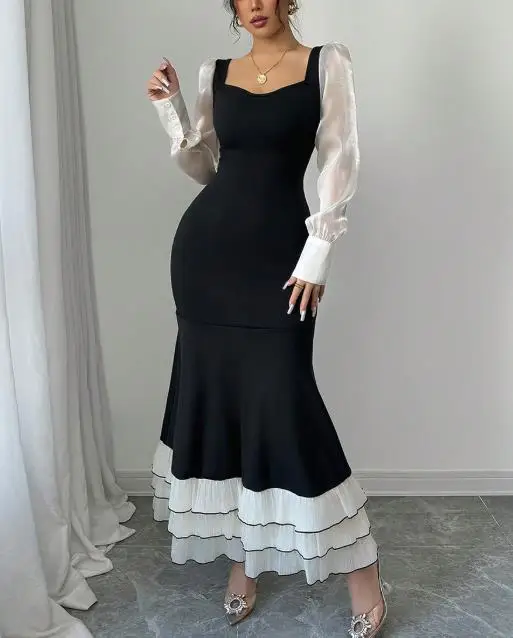 

Womens Dresses 2025 Spring Autumn New Solid Color Square Neck Long Sleeved Contrasting Ruffles Hem Slim Fish Tail Long Dress