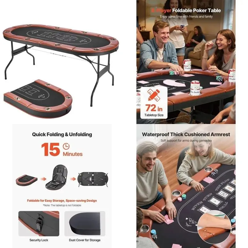 72 Inch Foldable Poker Table for 8 Players with Upholstered Rail and Cup Holder Portable Oval Gaming Table for Casino Home