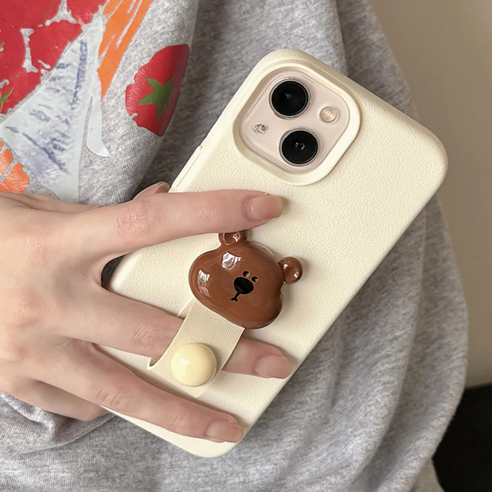 Korea Cute 3D Bear Finger Ring Support Phone Case For iPhone 15 14 13 11 12 Pro Max Plus Lovely Kawaii Leather Pattern Cover