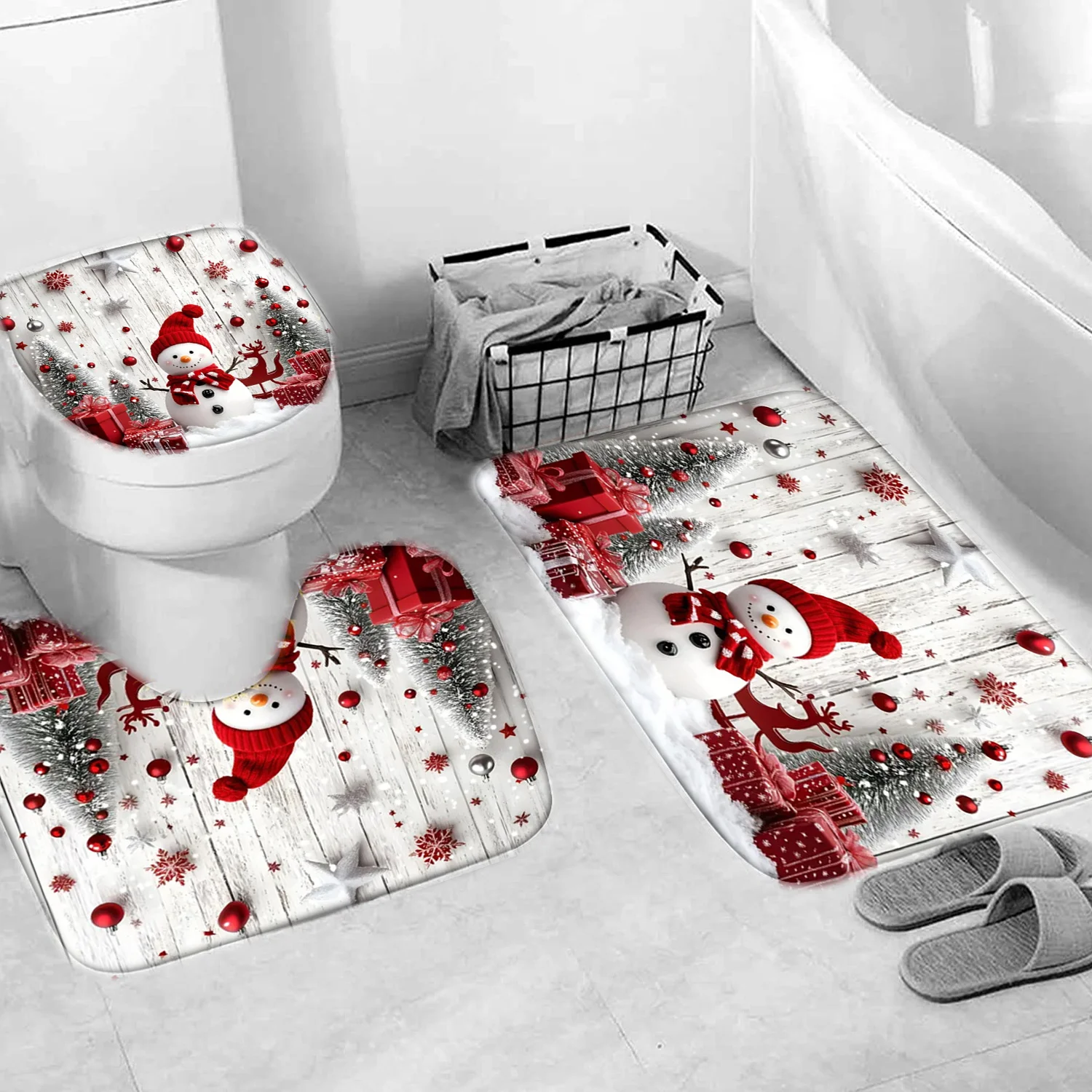 4PCS Christmas Snowman Bathroom Set , Shower Curtain Toilet Seat Cover Bath Mat 12 Plastic Hooks Holiday Decor