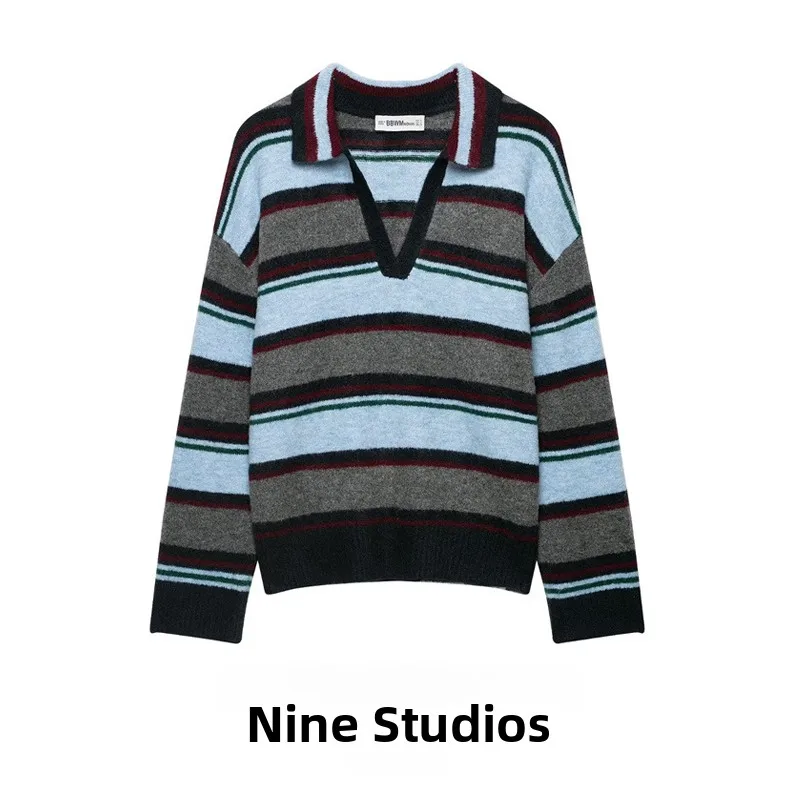 NINE ZAR Women's Loose Long Sleeve Knitted Shirt V-Neck Wide Stripes Fashionable European Style Winter 2026 Casual Top