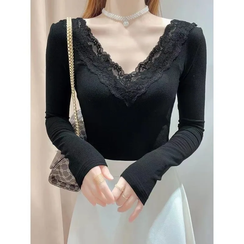 Autumn and Winter Women\'s Solid V-Neck Cotton Liner Long Sleeve Lace Slim Underlay Basic Fashion Sexy Korean Office Lady Tops