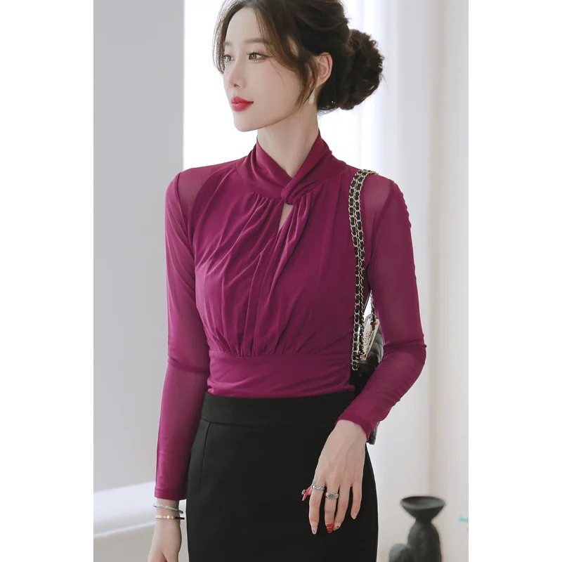 Autumn and Winter Mesh Long-sleeved Tops for Women 2025 New Inner Slim-fitting Bottoming Temperament Western T-shirt