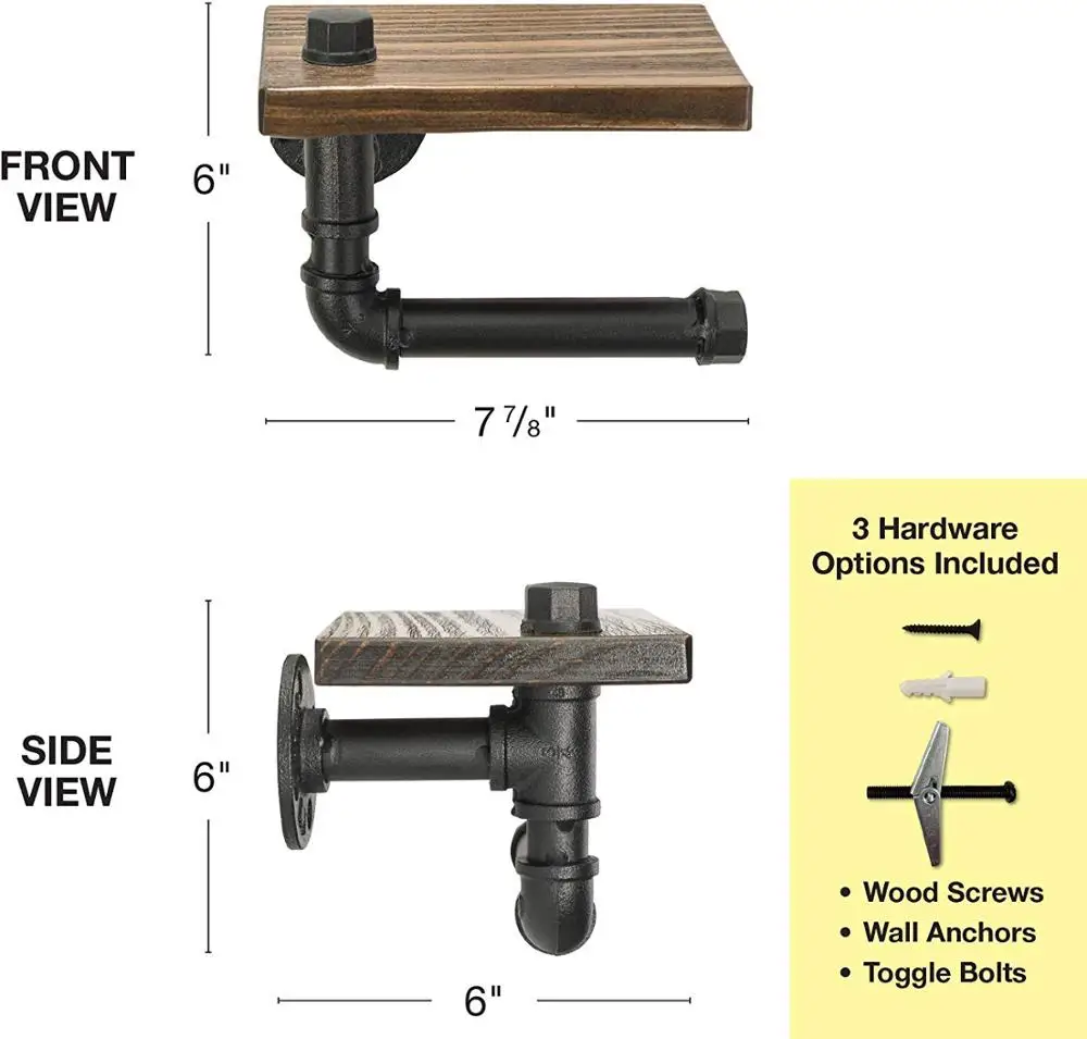 Industrial Toilet Paper Holder with Rustic Wooden Shelf and Cast Iron Pipe Hardware for Bathroom, Washroom