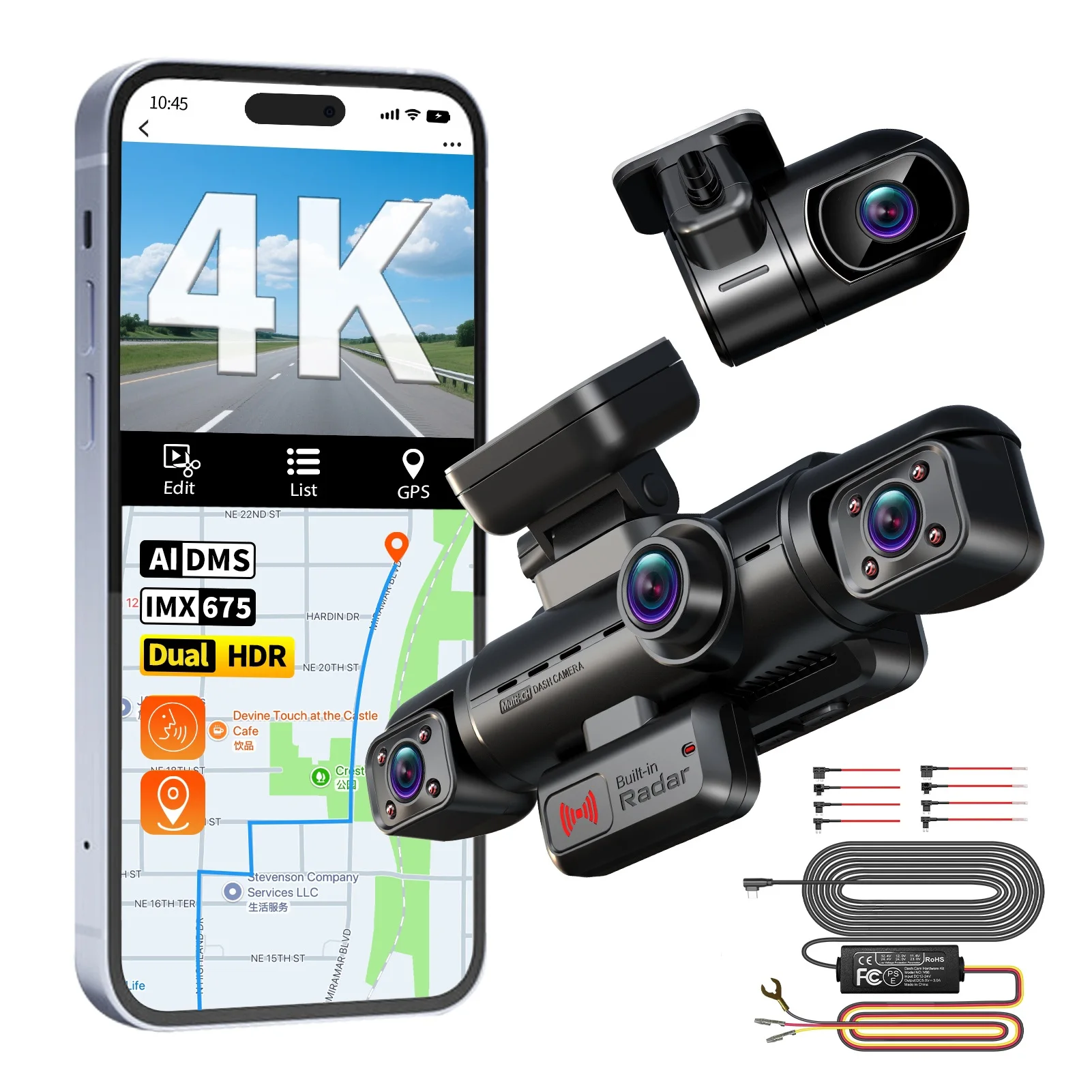 HUPEJOS 360° 4CH Dashcam,Built-in Radar 24H Parking Mode,Dual HDR With STARVIS 2 , AI DMS,5G WiFi GPS N500 Car Dash Cam