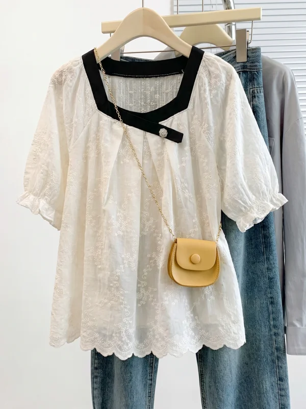 

Chic Lace Square Collar Short Sleeve Women's Shirt Summer New Style Big Size Fat MM Doll Shirt Korean Style Bubble Sleeve Top
