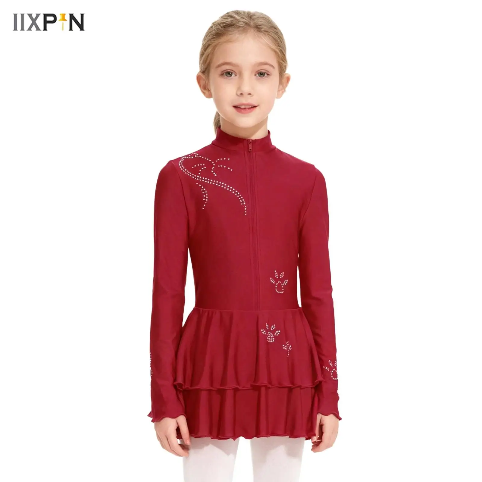 

Kids Girls Figure Skating Ballet Dance Leotard Dress Rhinestones Mock Neck Long Sleeve Front Zip Tiered Ruffled Hem Dance Dress